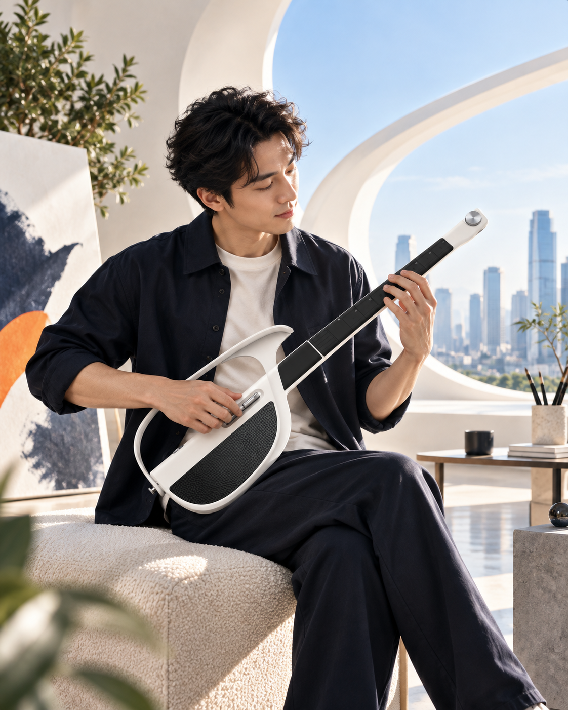 Makeio themed visual of a musician using a LiberLive C1 stringless smart guitar