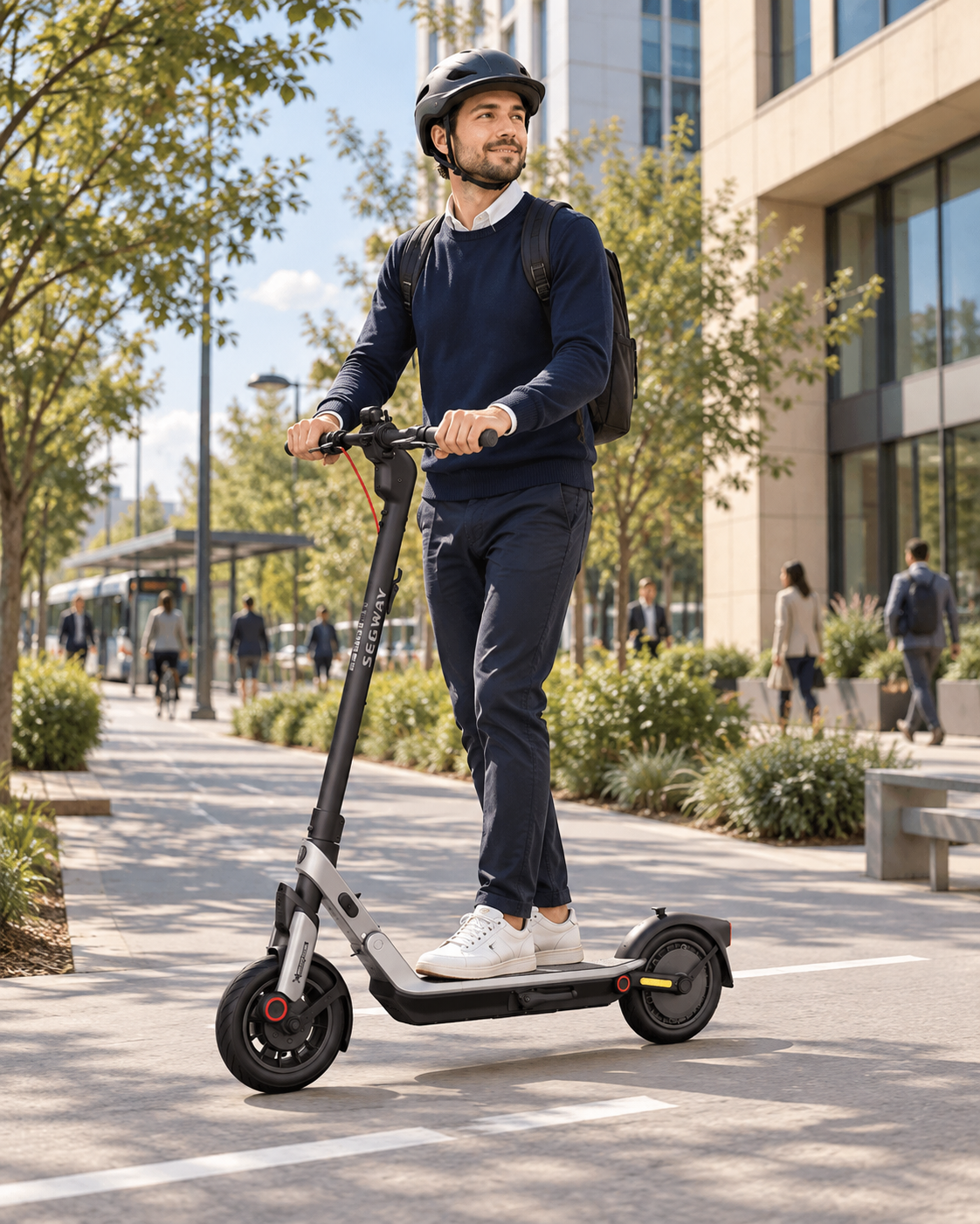 Makeio themed visual of a commuter riding a Segway Ninebot E3 electric scooter