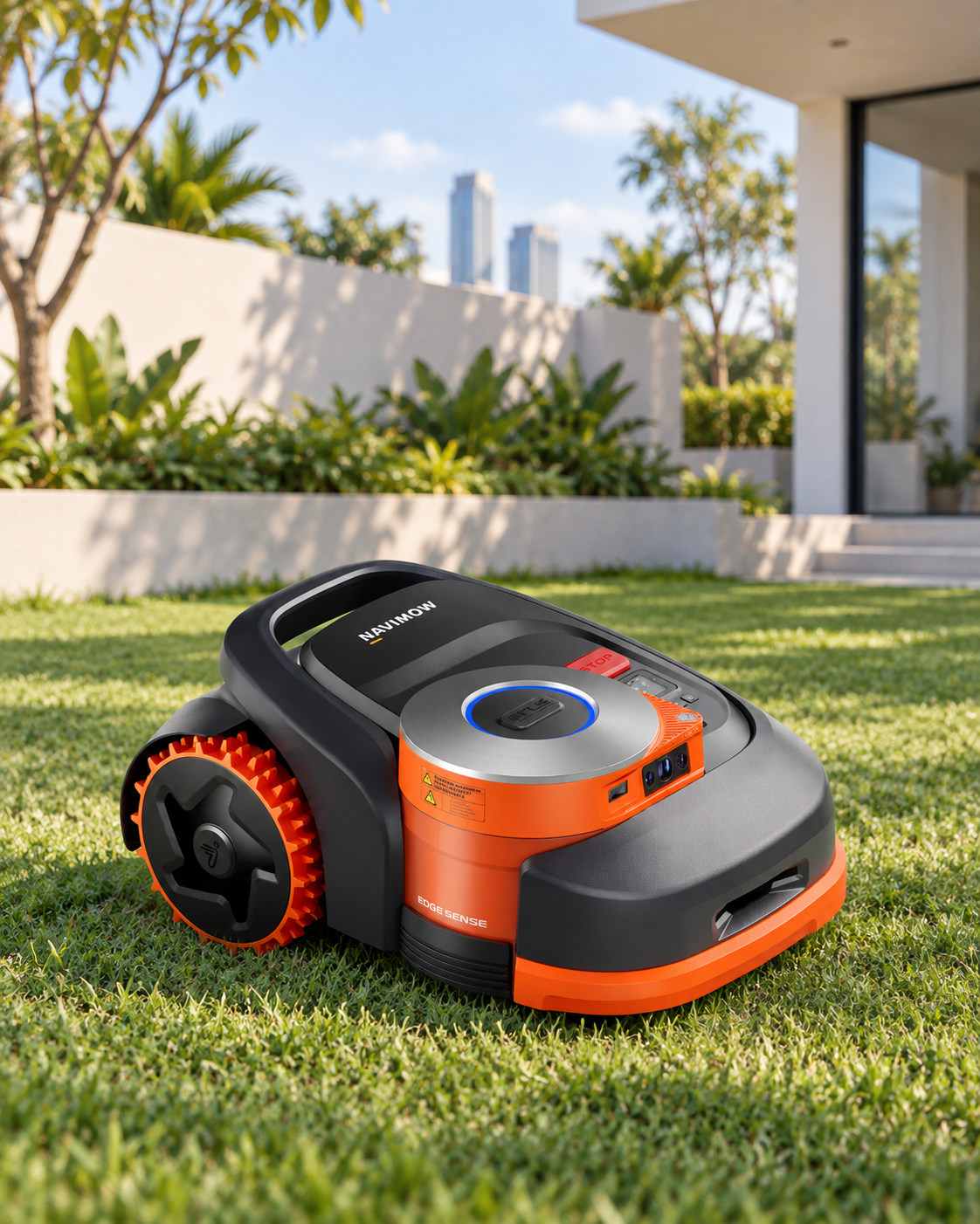 Makeio themed visual of a Navimow robotic lawn mower on a garden lawn outside a modern home