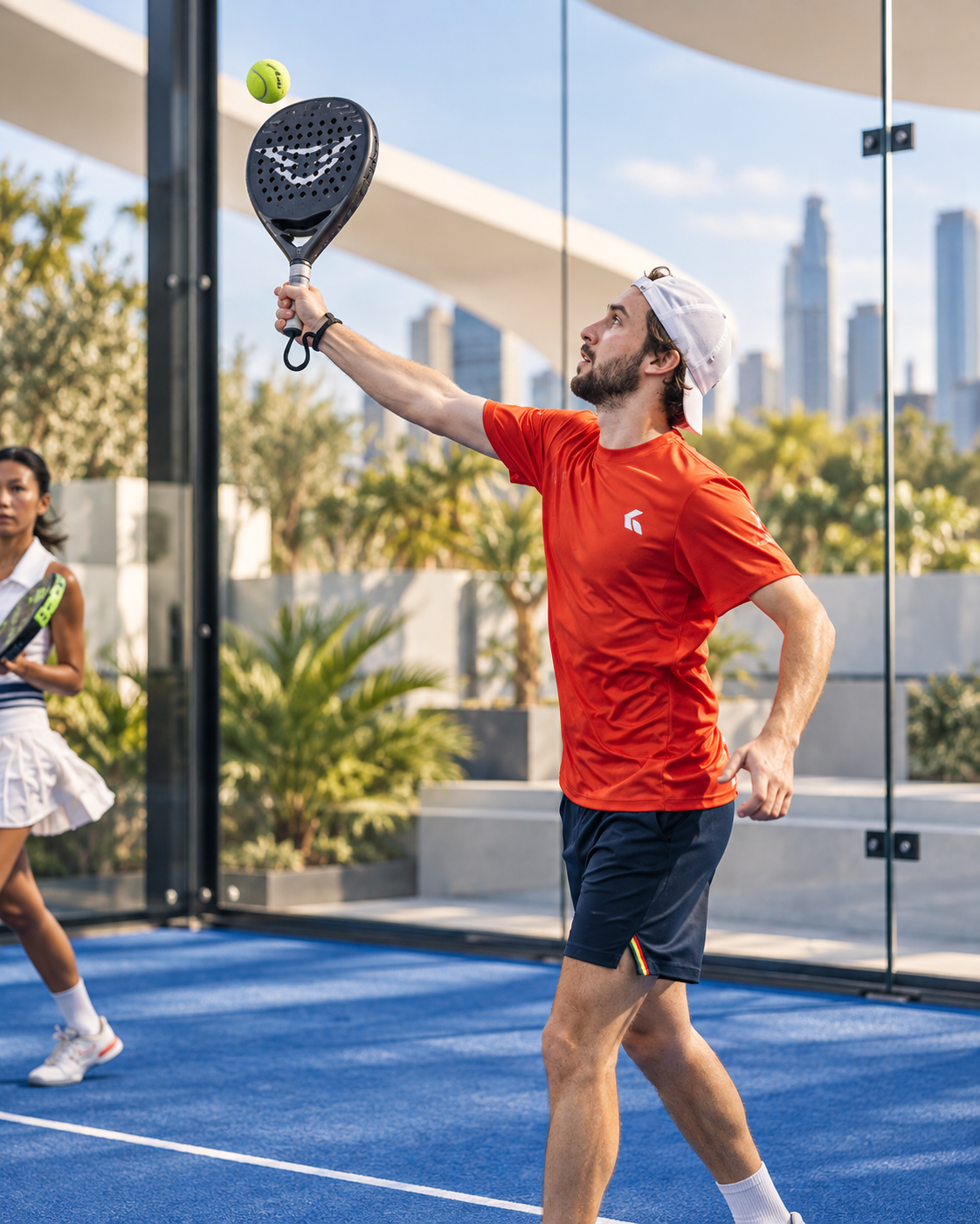 Makeio themed visual of padel players on a glass-enclosed court
