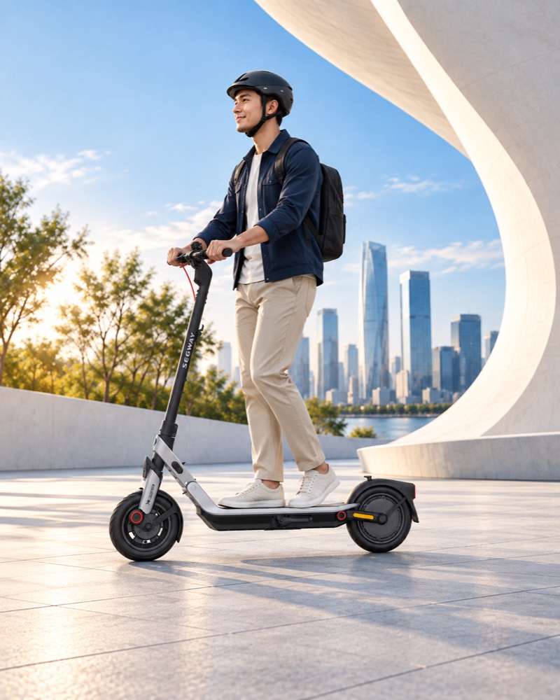 ผู้ขี่สกู๊ตเตอร์ไฟฟ้า Segway ริมเส้นขอบฟ้าของเมือง